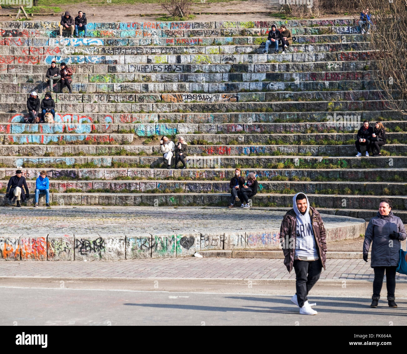 Mauerpark, Berlin - people at outdoor amphitheatre wait for entertainers and street performers Stock Photo