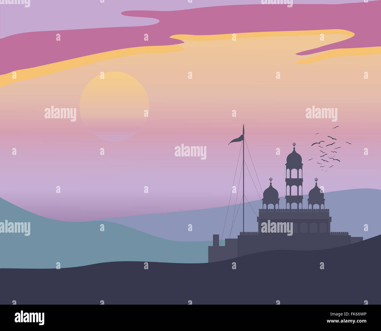 an illustration of a Punjabi landscape at evening prayers with gurdwara before a colorful sunset Stock Photo