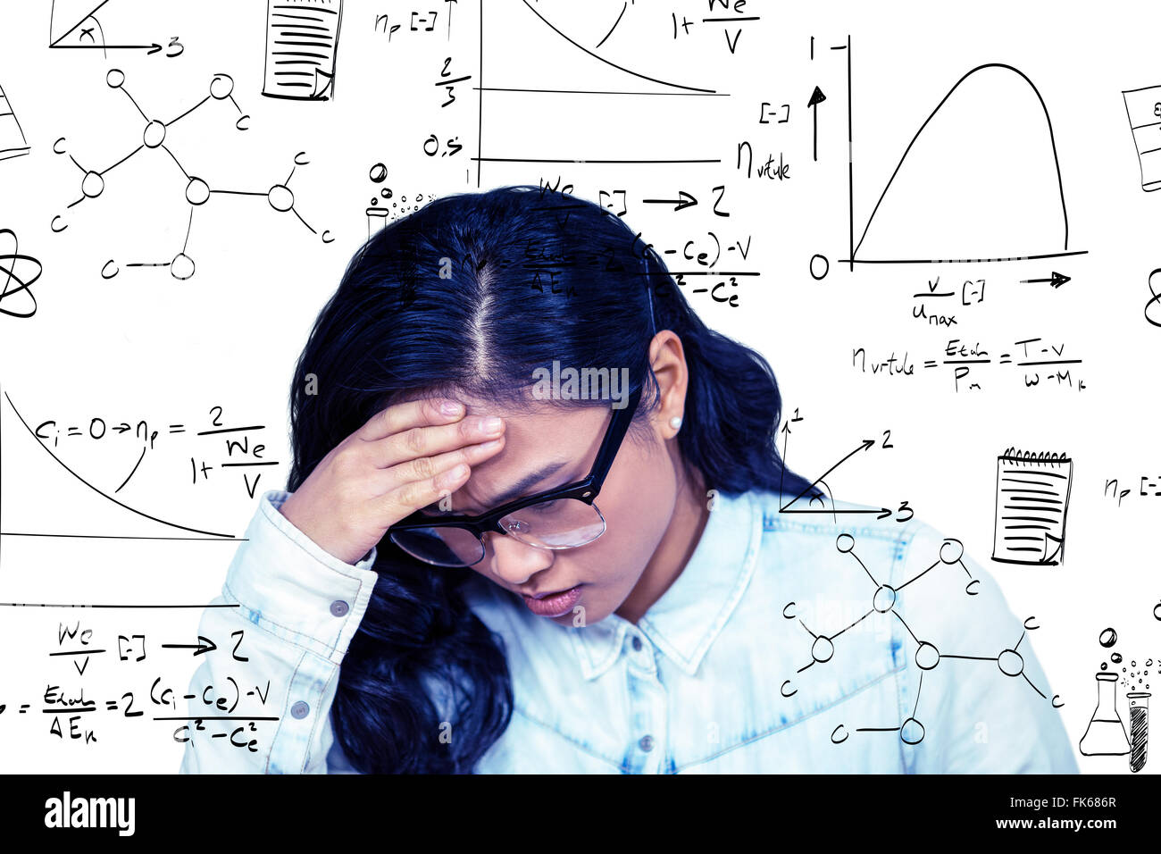 Composite image of troubled asian woman with hand on face Stock Photo