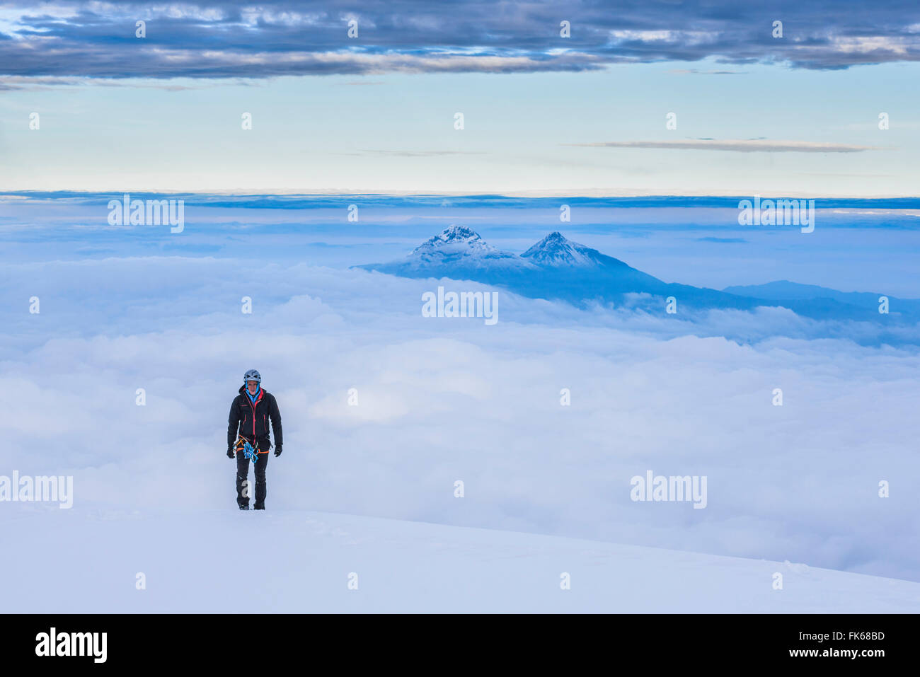 Climber on final 20m to the 5897m summit of Cotopaxi Volcano, Cotopaxi Province, Ecuador, South America Stock Photo