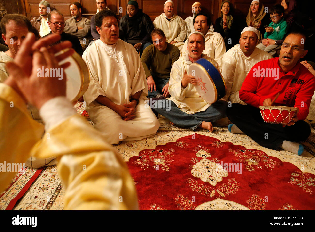 Alawi Sufi Muslims singing and playing drums, Nandy, Seine-et-Marne, France, Europe Stock Photo