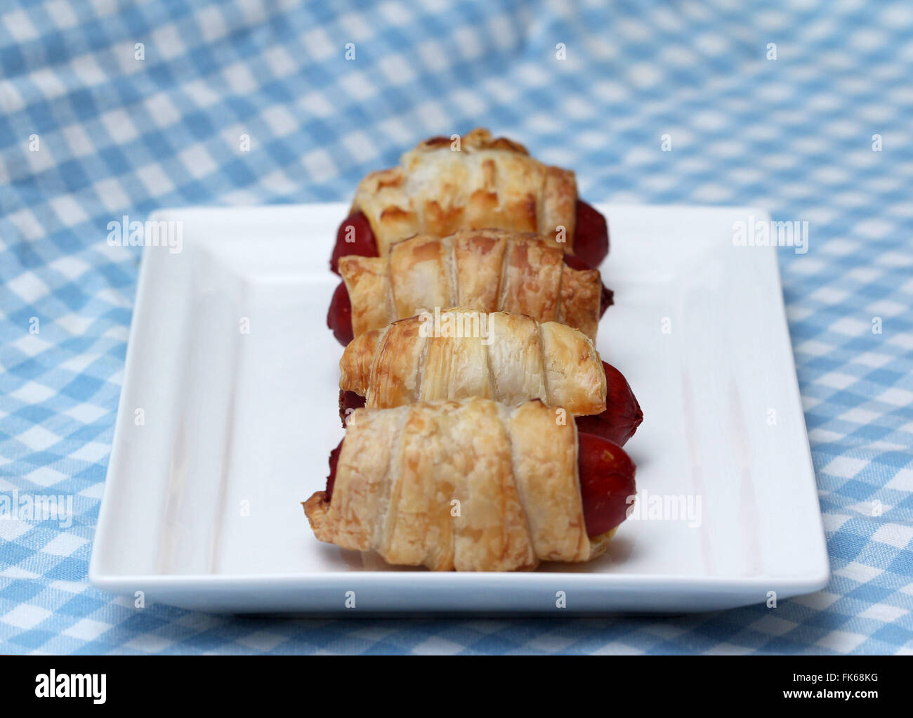 Pigs in blanket, sausage rolls covered puff pastry on white plate Stock Photo Alamy