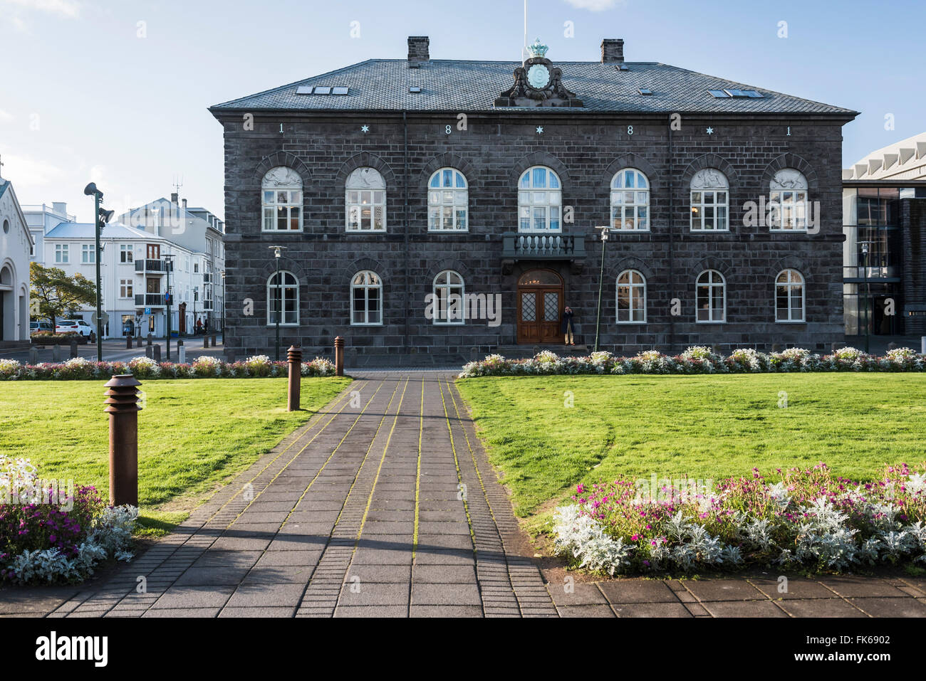 Parliament Building (Alpingis Husid) in Reykjavik Old Town, Iceland, Polar Regions Stock Photo