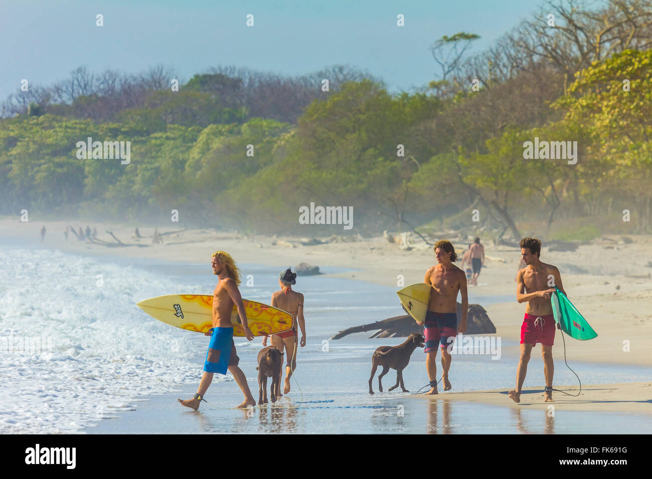 Surfers at this popular surf beach at the southern tip of the Nicoya Peninsula, Santa Teresa, Puntarenas, Costa Rica Stock Photo
