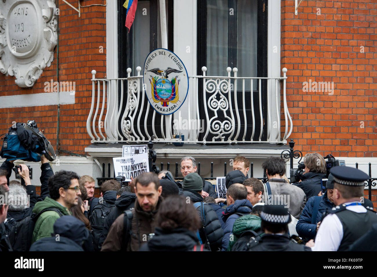 Russia Today take to interviewing 'Laika' the dog as the worlds press gather outside the Ecuadorian Embassy in London in the hope that Wikileaks founder Julian Assange will make an appearance after a UN panel announce that he has suffered a 'deprivation of liberty' since seeking asylum in 2012.  Featuring: View Where: London, United Kingdom When: 05 Feb 2016 Stock Photo