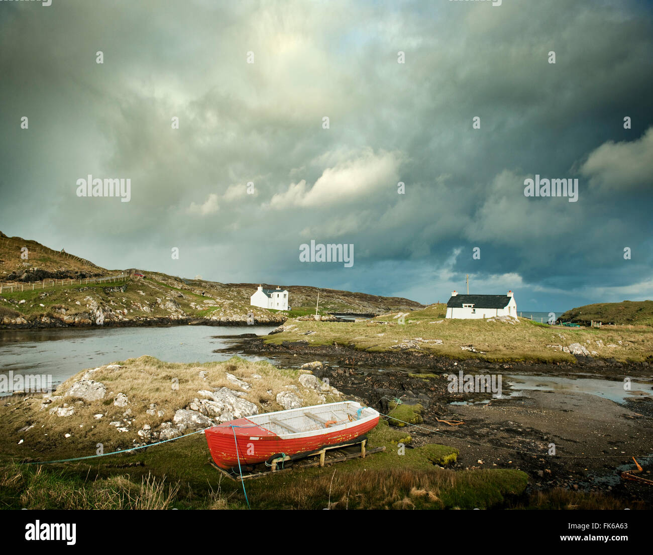 White cottages by the sea, Isle of Barra, Hebrides, Scotland, United Kingdom, Europe Stock Photo