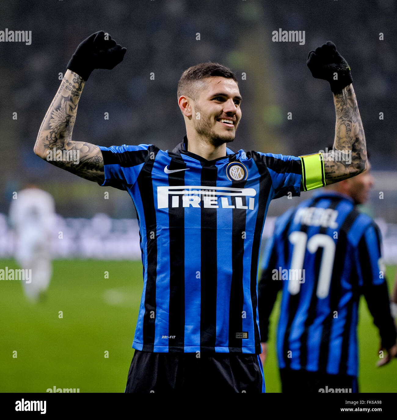 Milan, Italy, 6th March 2016:  Mauro Icardi celebrates after scoring during the Serie A football match between FC Internazionale and US CIttà di Palermo at Giuseppe Meazza Stadium in Milan, Italy. Credit:  Nicolò Campo/Alamy Live News Stock Photo
