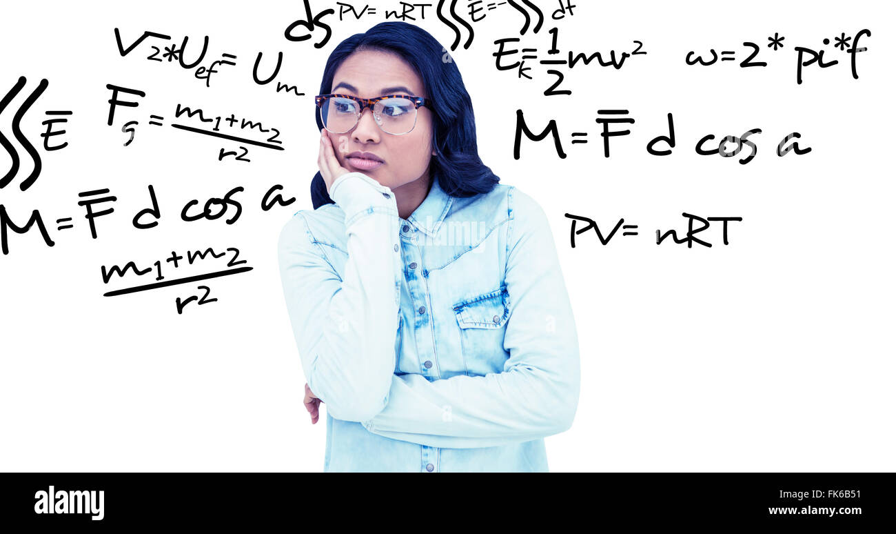 Composite image of thoughtful asian woman with hand on chin Stock Photo ...