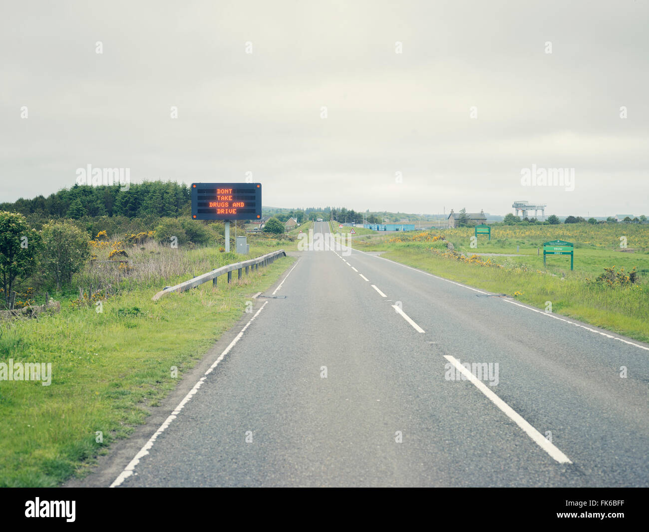 Don't take drugs and drive sign in the remote Highlands of Scotland, United Kingdom, Europe Stock Photo