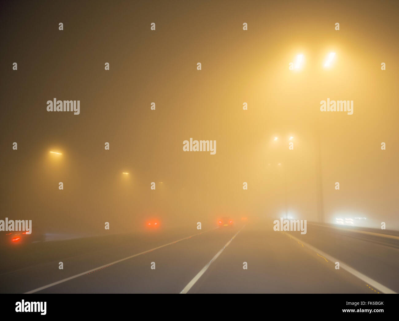 Motorway traffic in thick fog at night, United Kingdom, Europe Stock Photo