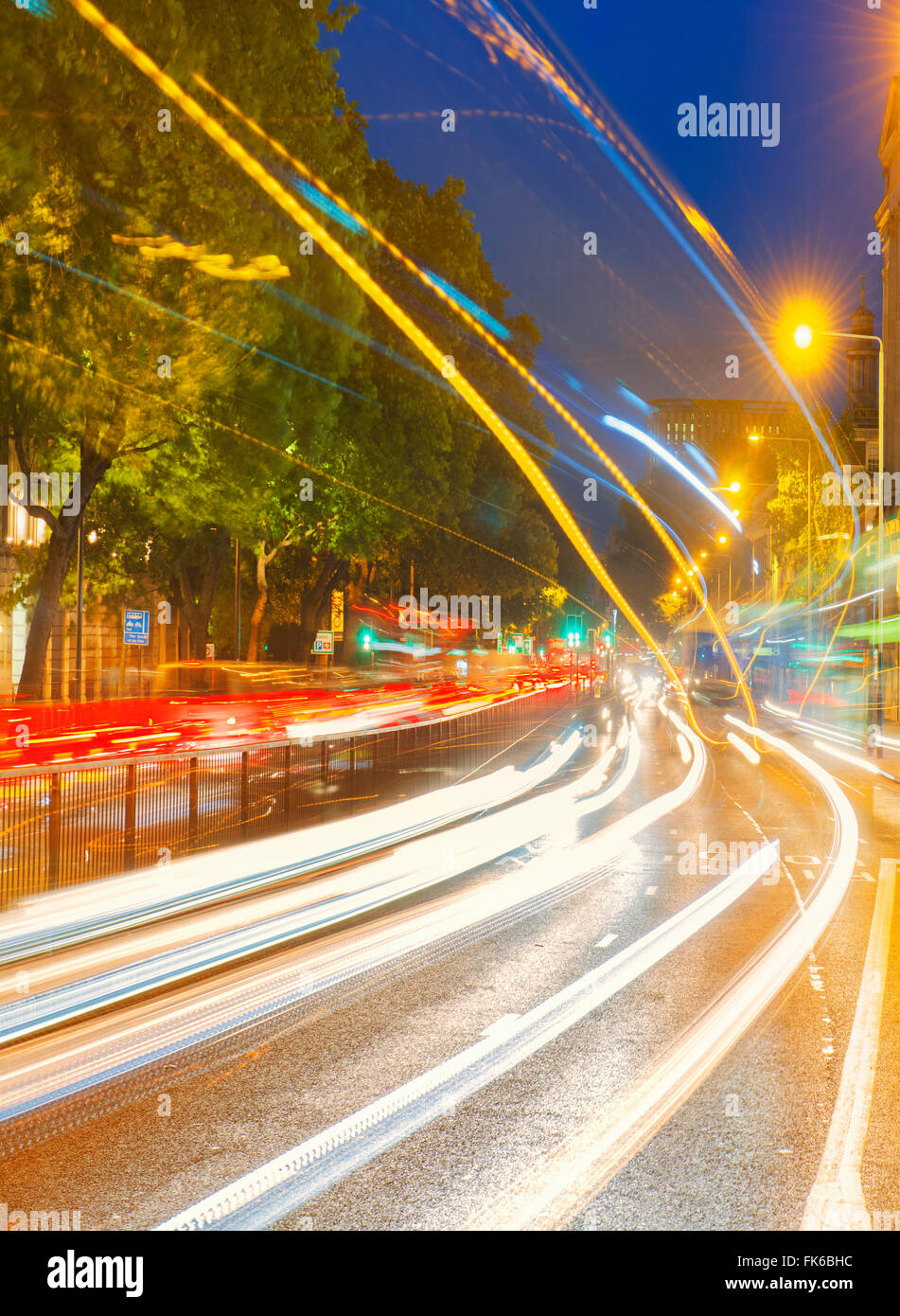 Streams of car headlights at night, London, England, United Kingdom, Europe Stock Photo