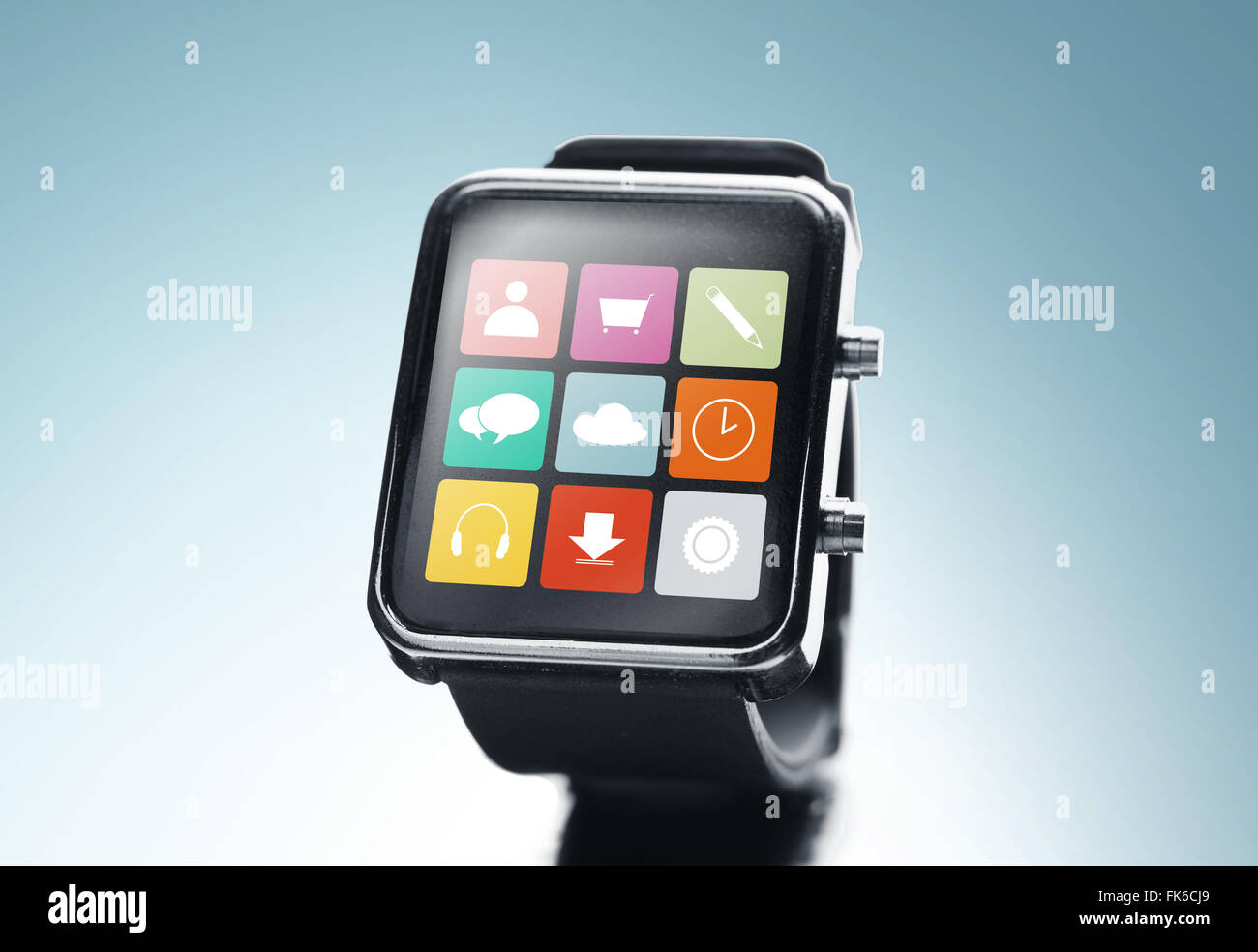 close up of black smart watch with app icons Stock Photo