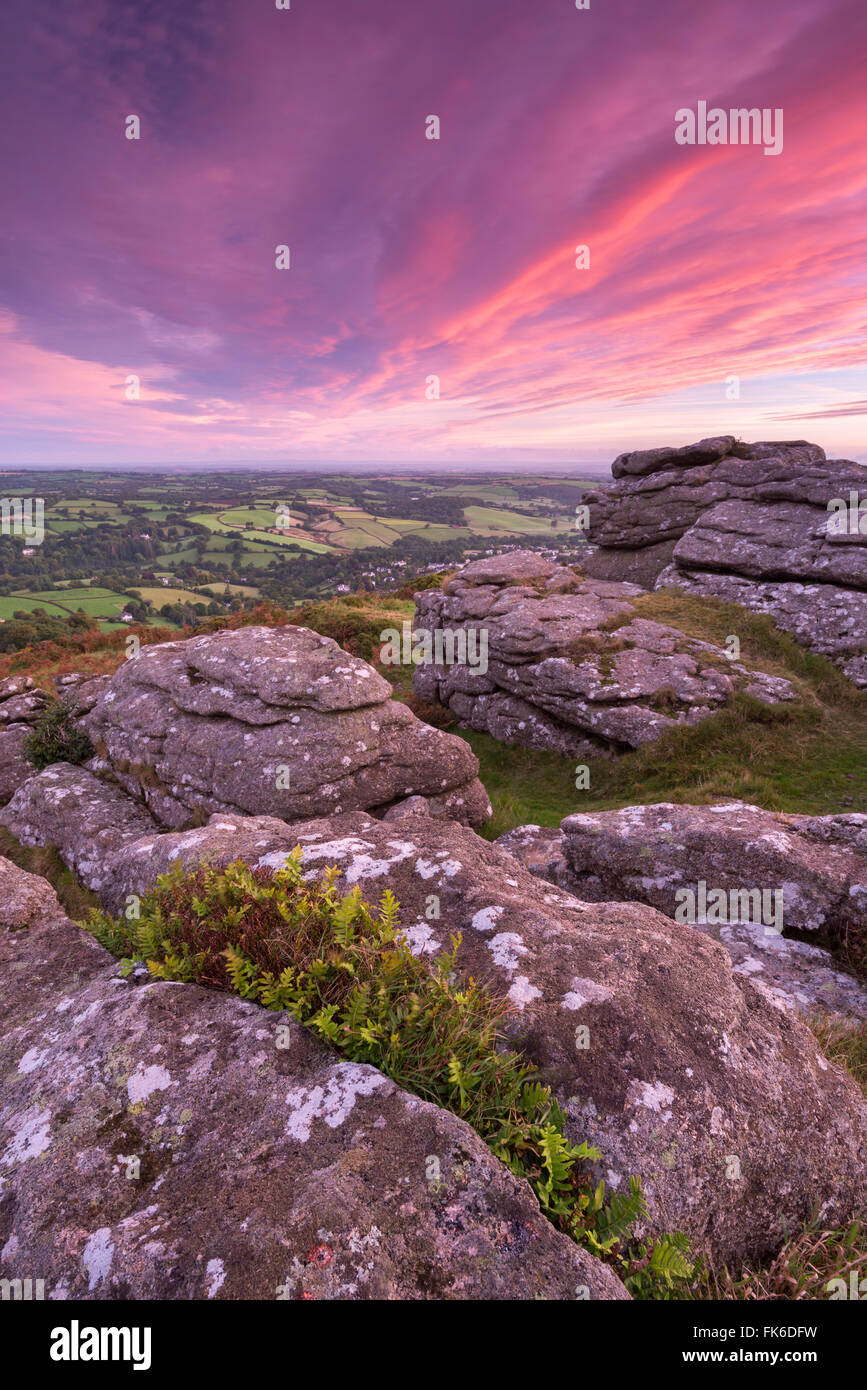 Granite tor on Meldon Hill at sunrise, Chagford, Dartmoor National Park, Devon, England, United Kingdom, Europe Stock Photo