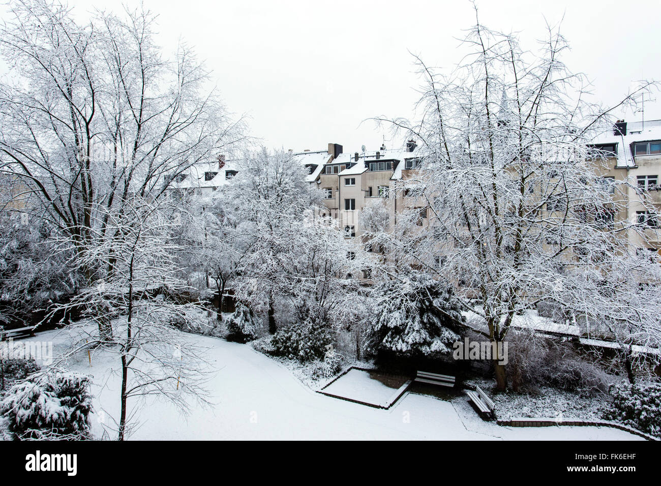 Snow scenery in a backyard in Duesseldorf, Northrhine-Westphalia, Germany Stock Photo