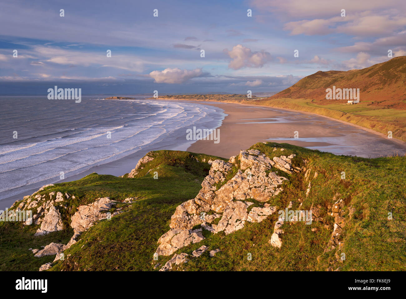Sweeping expanse of Rhossili Bay on the Gower Peninsula, Wales, United Kingdom, Europe Stock Photo