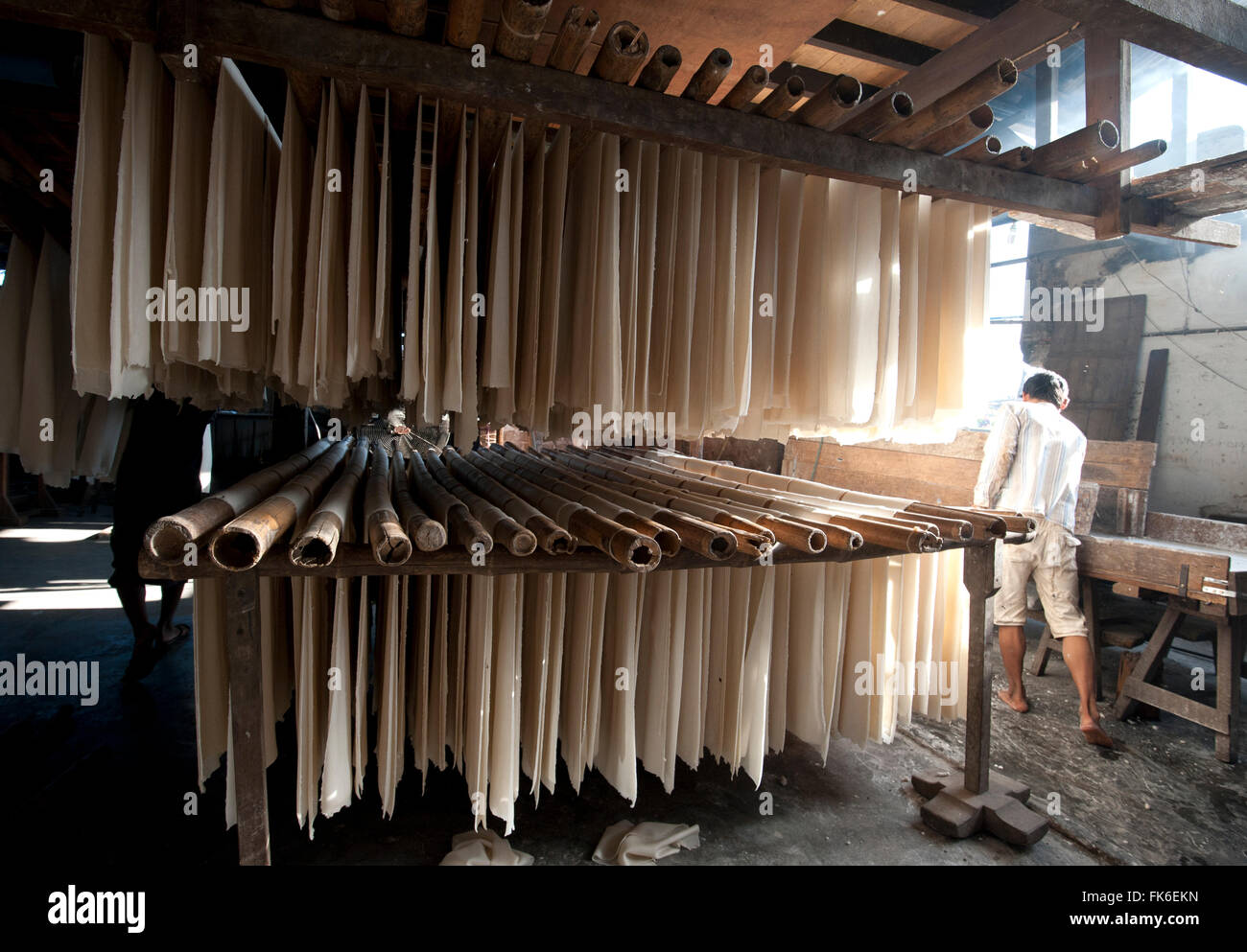 Sheets of freshly cooked rice sheets hanging on bamboo poles to be