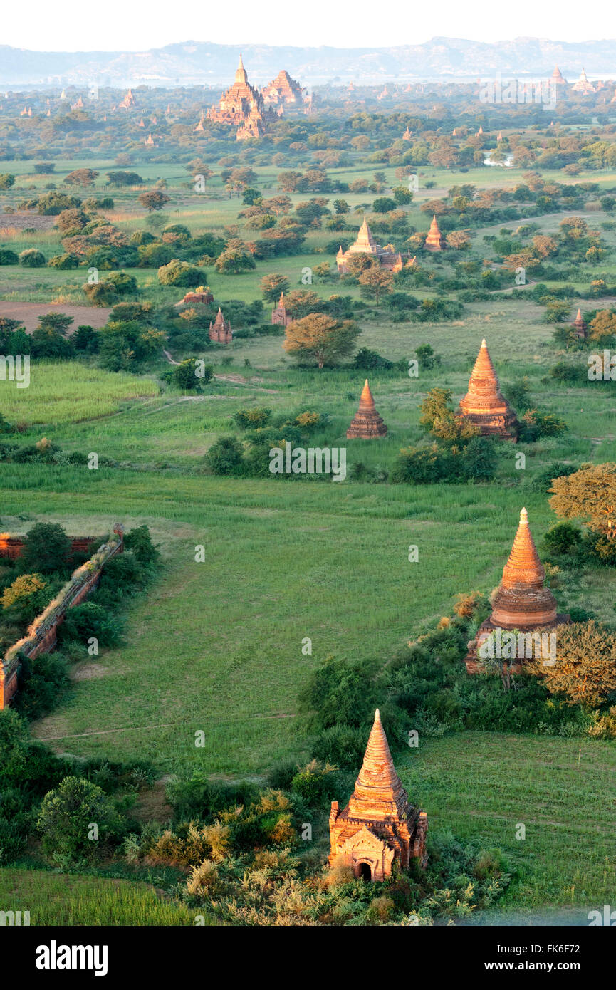Bagan terracotta temples, Htilominlo temple in the distance, in morning sunshine, seen from the air, Bagan, Mandalay Division Stock Photo
