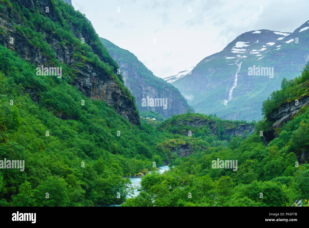 River valley and waterfall near Flam, Norway, Scandinavia, Europe Stock Photo