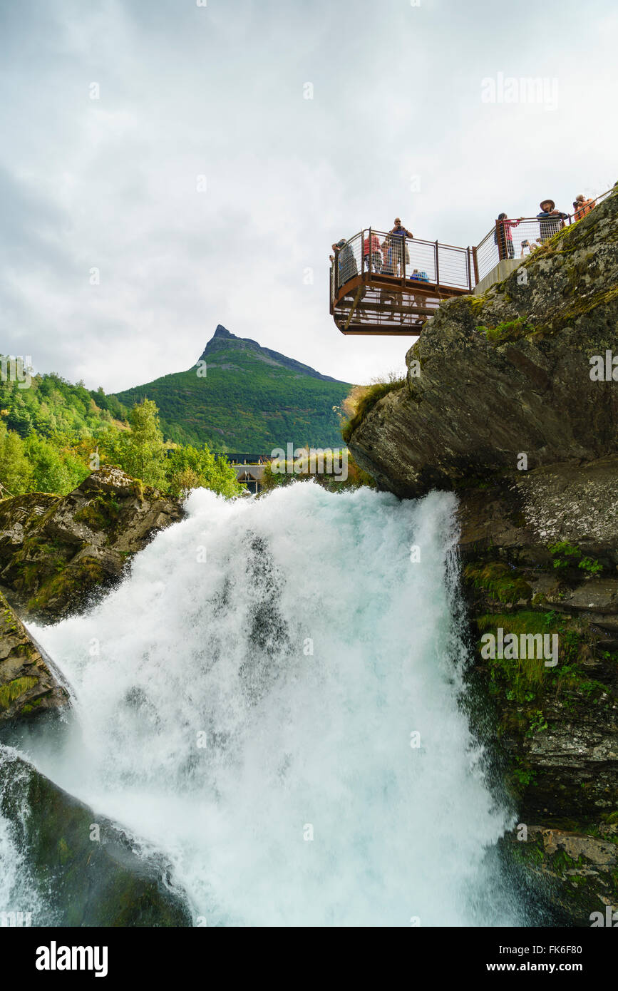 Overlook on small waterfall in Geiranger, Norway, Scandinavia, Europe Stock Photo