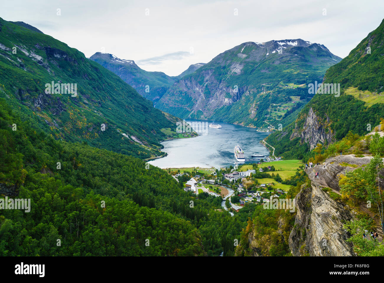 High view of Geiranger and Geirangerfjord, UNESCO World Heritage Site, Norway, Scandinavia, Europe Stock Photo