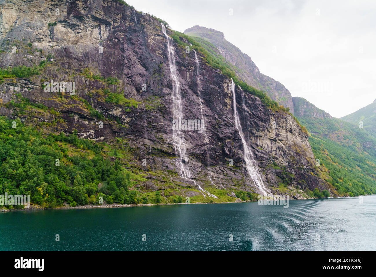 Seven Sisters Waterfall, named for the seven separate streams that comprise it, Geirangerfjord, UNESCO, Norway Stock Photo
