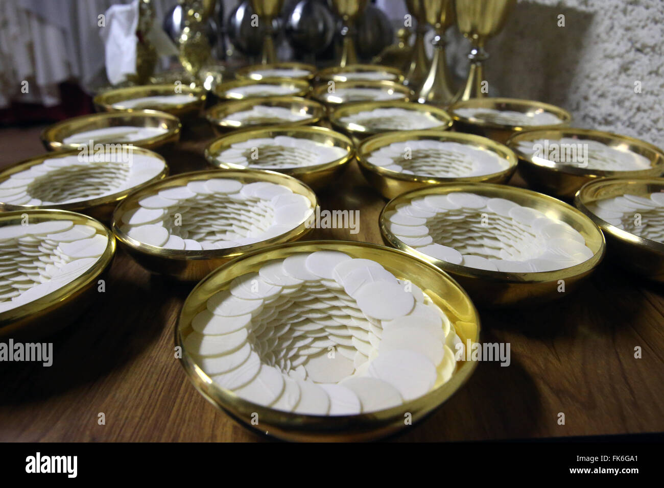Roman Catholic unleavened wafers for the Holy Communion, Sanctuary-Shrine of Jean-Marie Vianney, Ars-sur-Fromans, Ain, France Stock Photo