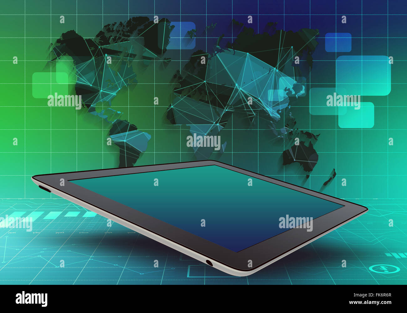 tablet and world map on an abstract background. Stock Photo