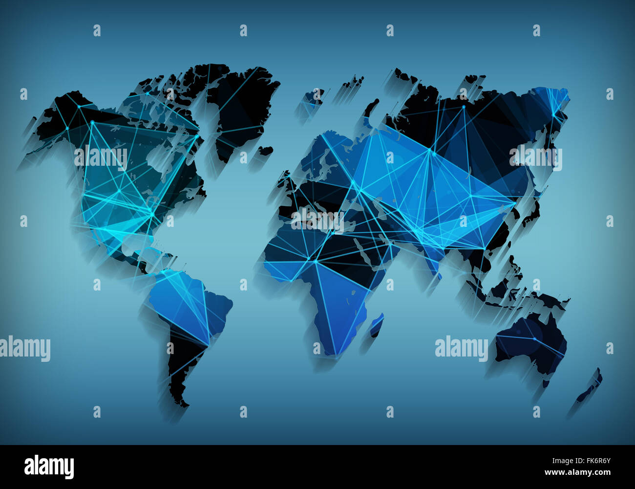 Abstract telecommunication world map with triangle, lines and dots Stock Photo