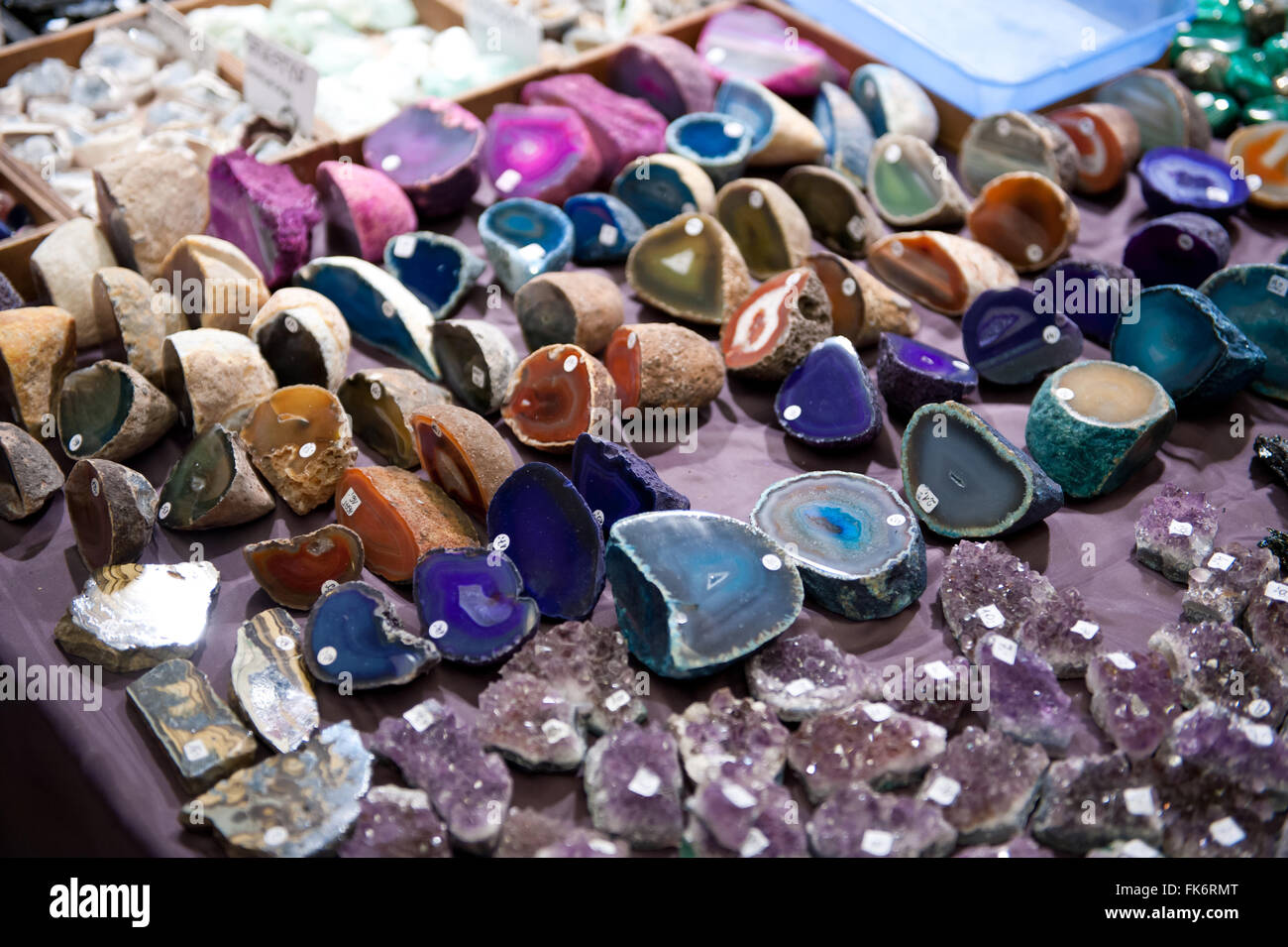 Colorful agate gemstone pieces on sale at Warsaw Mineral Expo 2016, 5th