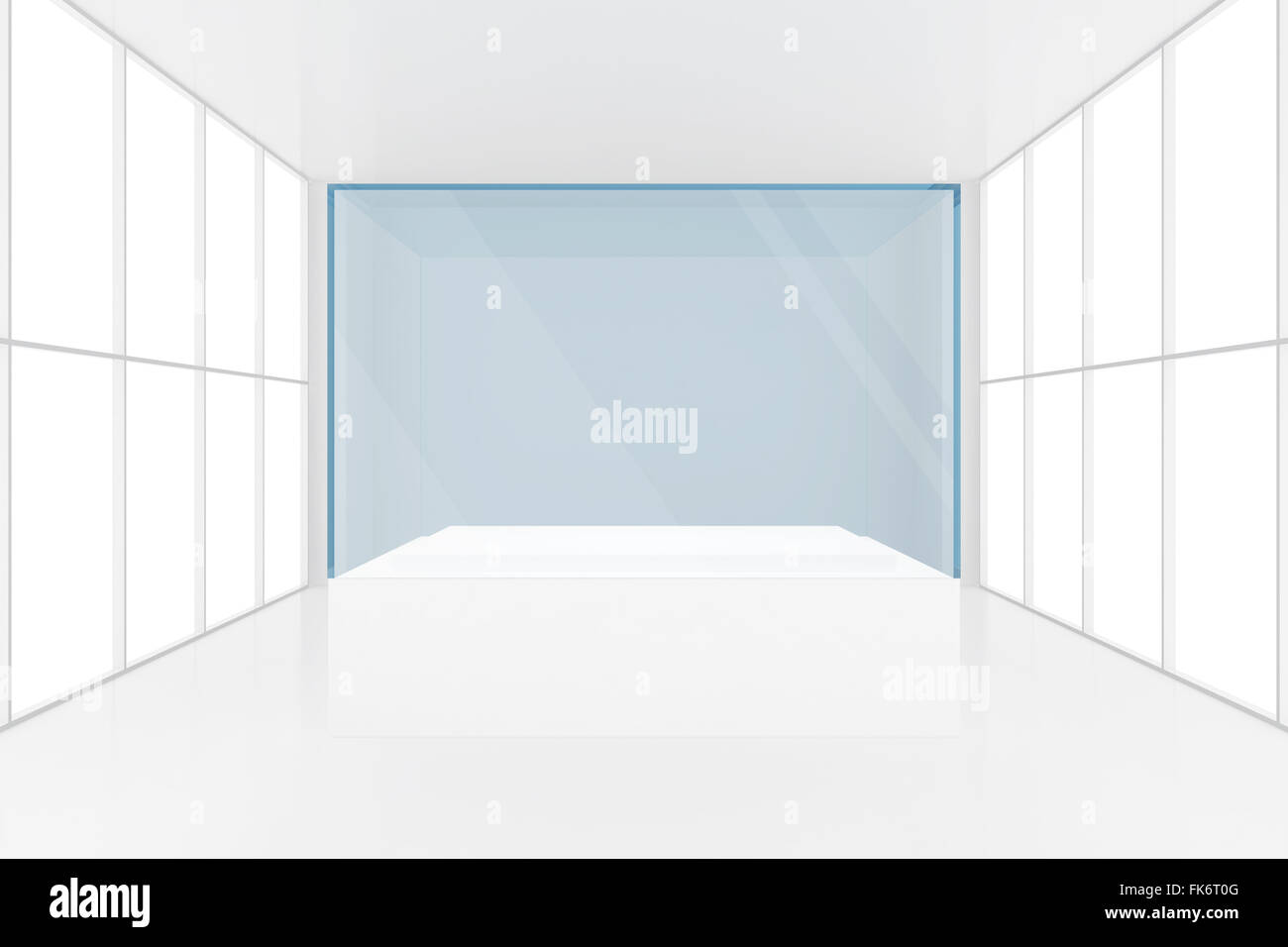 display case. 3d render showcase in white room with windows Stock Photo ...