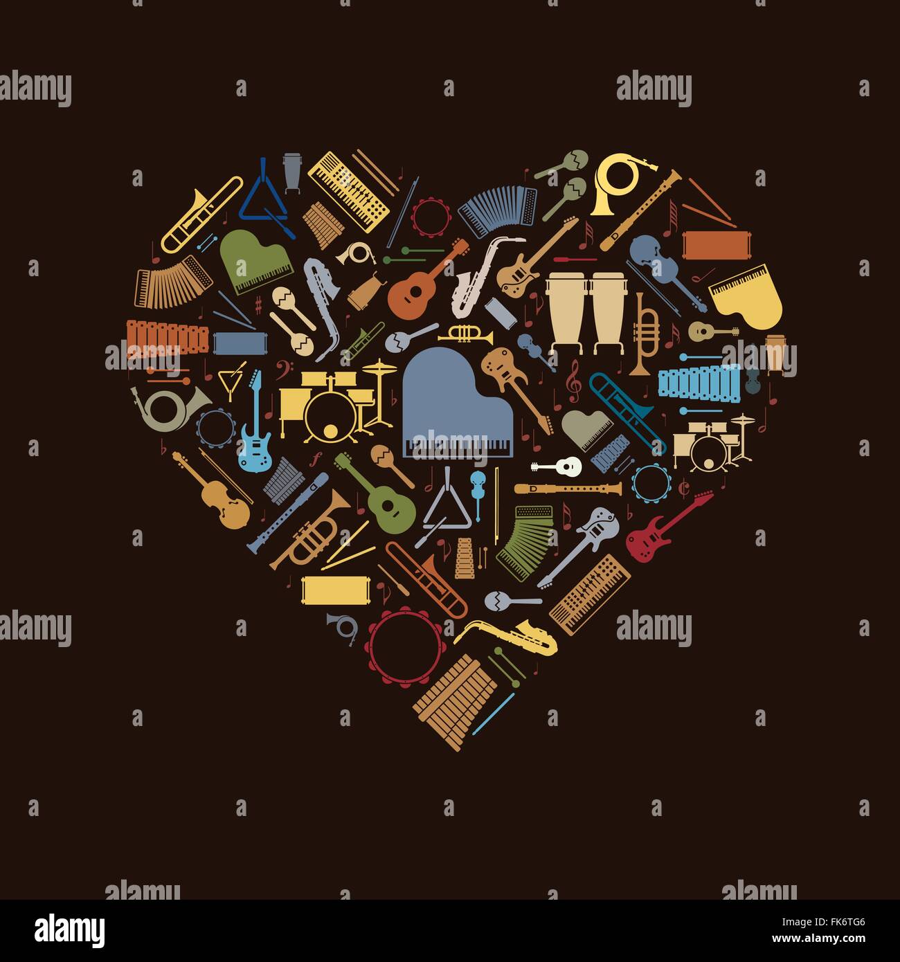 Variety of colorful musical instruments arranged in heart shape on black background Stock Vector