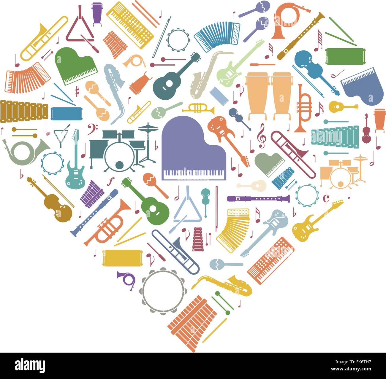 Variety of colorful musical instruments arranged in heart shape Stock Vector