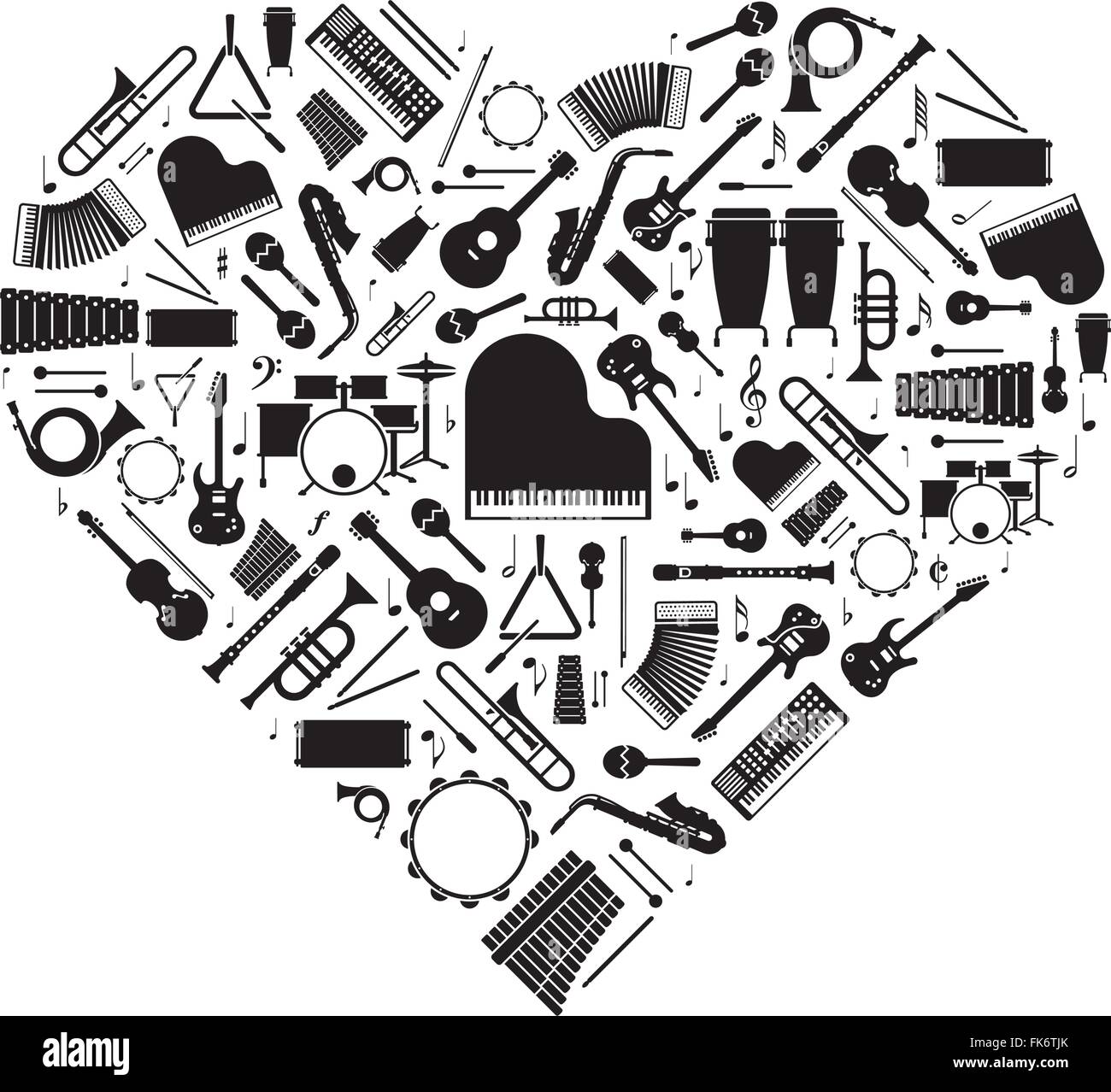 Variety of musical instruments arranged in heart shape Stock Vector