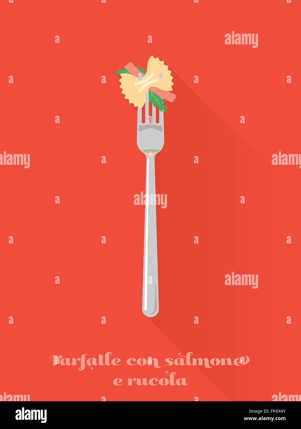 flat design long shadow vector illustration of farfalle con salmone pasta on a fork Stock Vector