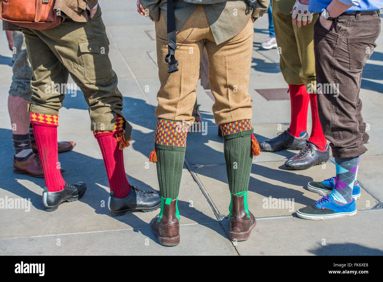 Colourful socks and shoes of participants of Tweed Run in Trafalgar Square Stock Photo