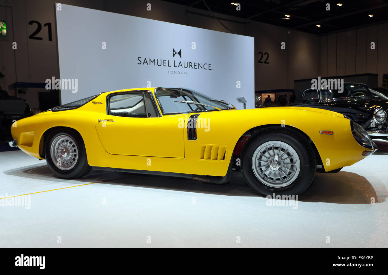 Side view of  a Bizzarrini 5300 GT Strada on display of the Samuel Laurence stand, in the 2016 London Classic Car Show Stock Photo
