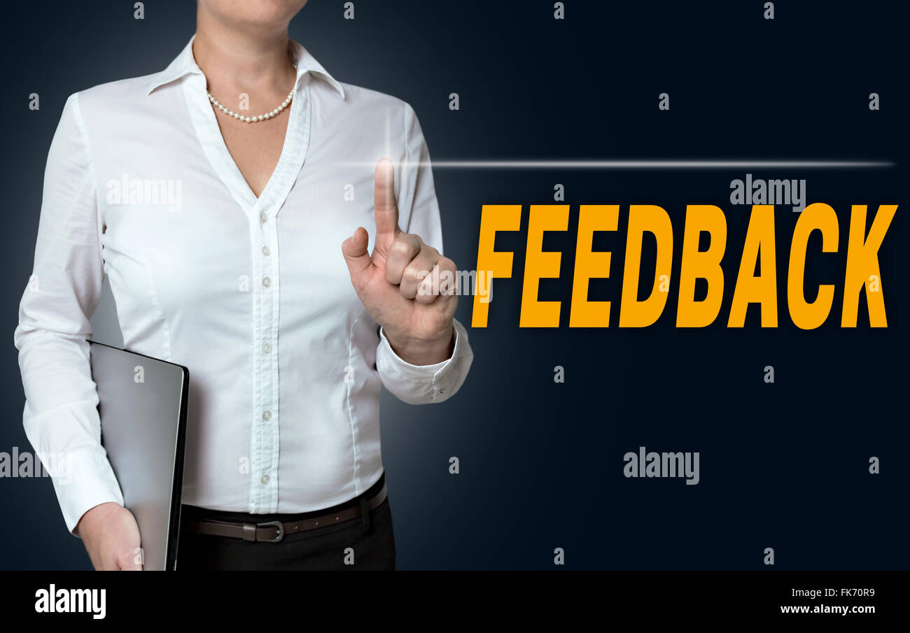 feedback touchscreen is operated by businesswoman. Stock Photo