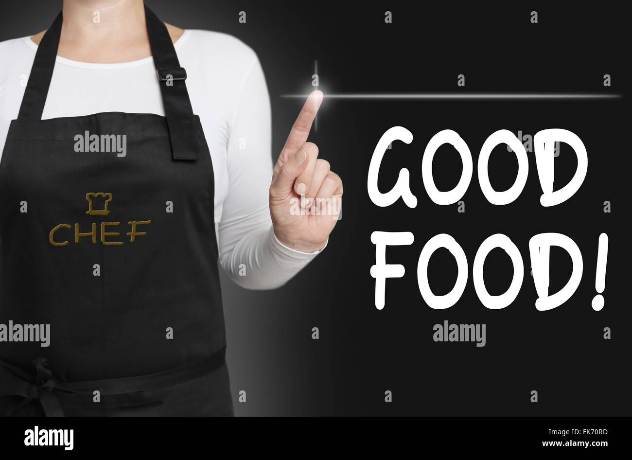 good food touchscreen is operated by chef. Stock Photo