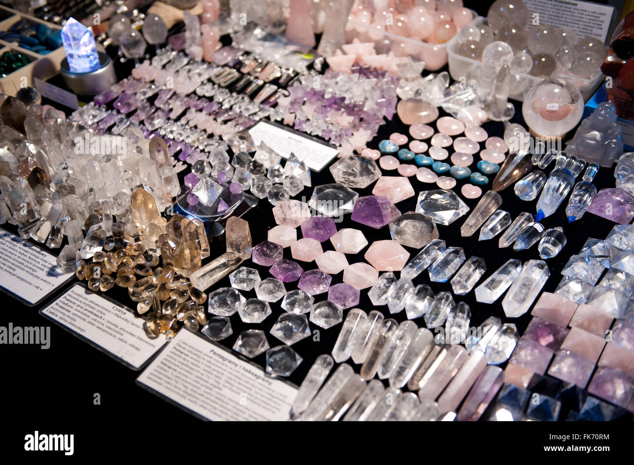 Crystals polished gemstone pieces assortment at Warsaw Mineral Expo