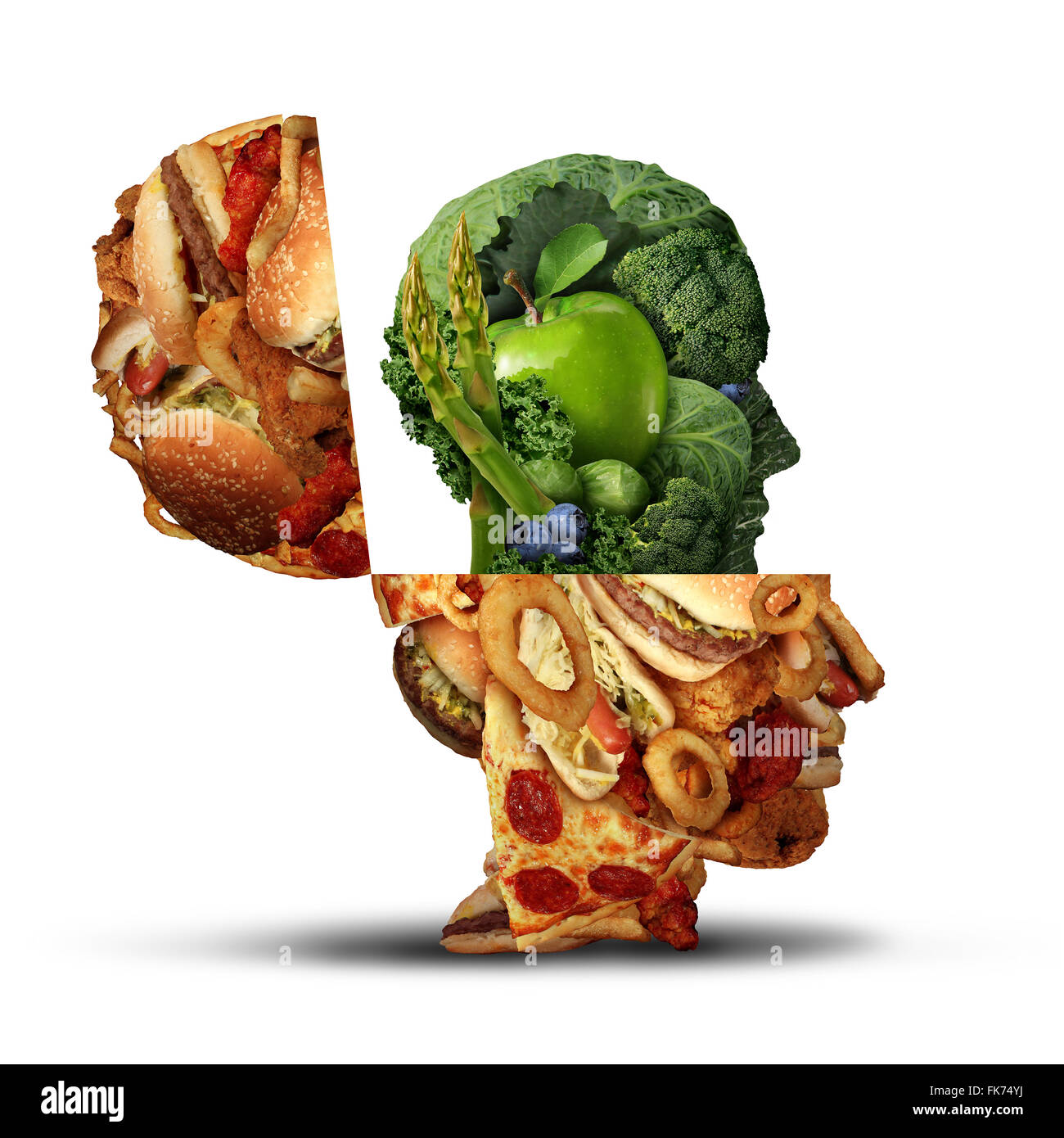 Nutrition change healthy lifestyle concept changing bad eating habits and from unhealthy junk food to fresh fruits and vegetables shaped as an open human head as an icon for the new healthy you. Stock Photo