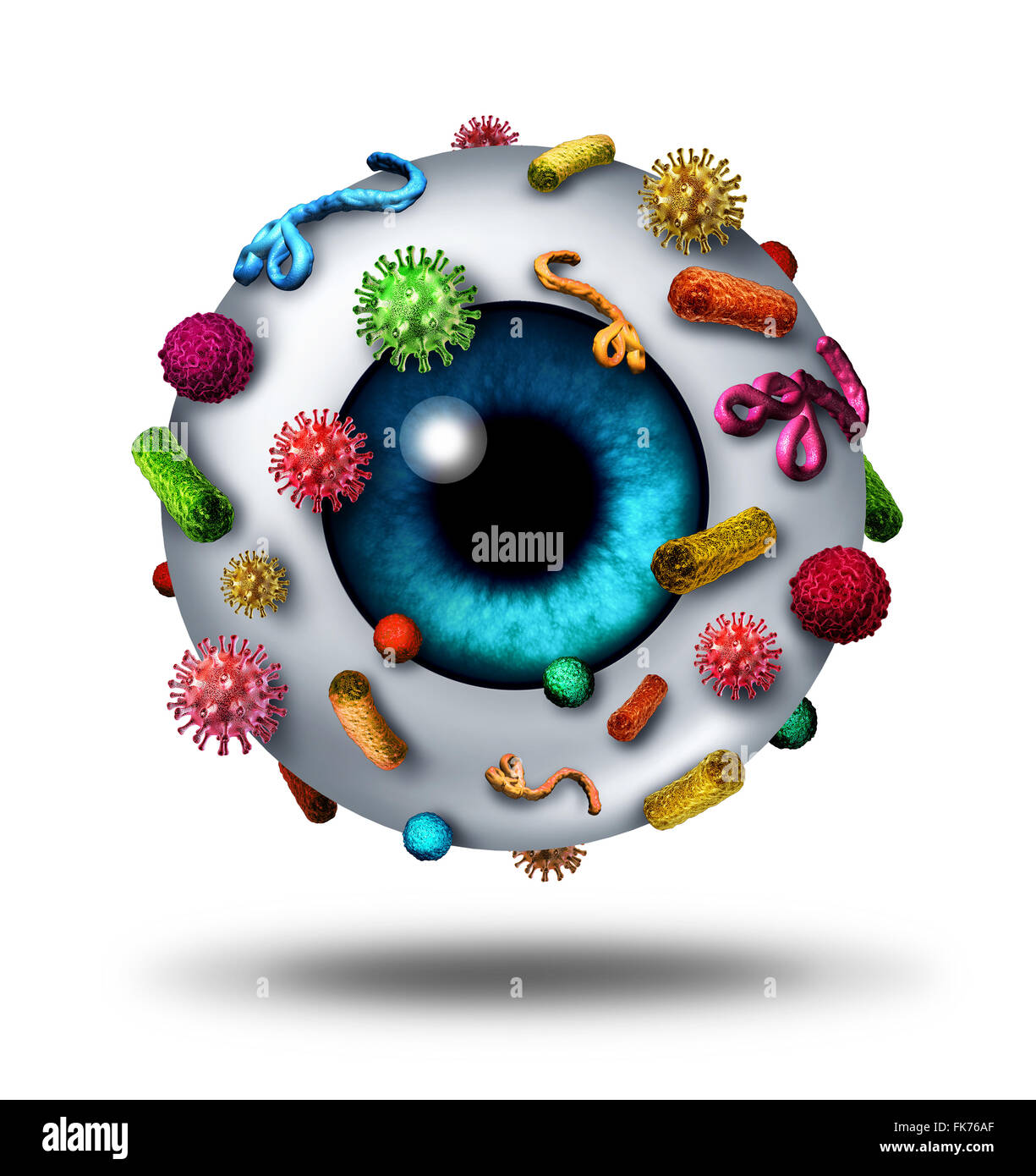 Eye disease opthalmology or optician medical diagnosis concept as a human eye ball covered with bacteria virus and pathogen cells as an opthalmologist symbol. Stock Photo