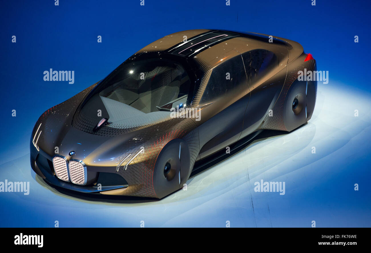 The concept 'BMW Vision Next 100' being presented in Munich, Germany, 7 march 2016. On 7 March 1916, the 'Bayerische Flugzeugwerke' (lit. 'Bavarian Aircraft Works') were founded, later named 'Bayerische Motoren Werke' (lit. 'Bavarian Motor Works', BWM). PHOTO: SVEN HOPPE/dpa Stock Photo