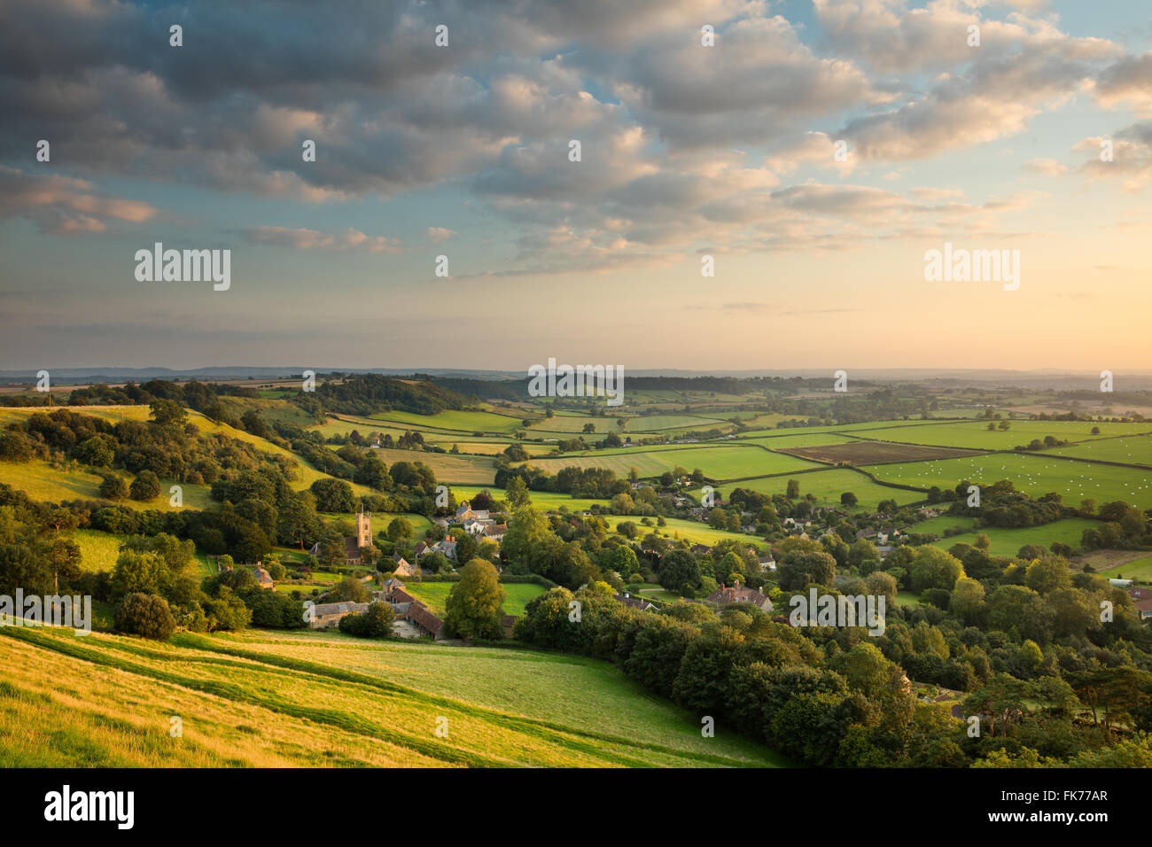 A view from the hillside looking over Corton Denham village, Sherborne, Droset, UK Stock Photo
