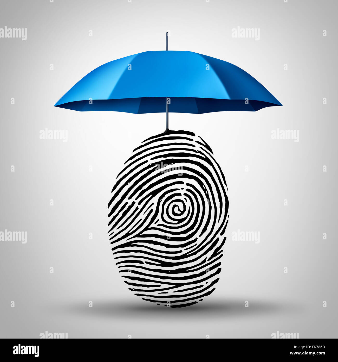 Identification protection and ID fraud safety as an umbrella protecting a fingerprint or finger print icon as an identity security symbol and consumer information guard. Stock Photo