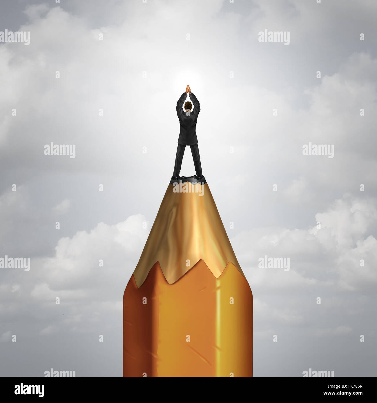 Creative leadership control business concept as a businessperson on top of a giant pencil shaped as the lead as a success metaphor for controlling your destiny and planning for achievement. Stock Photo