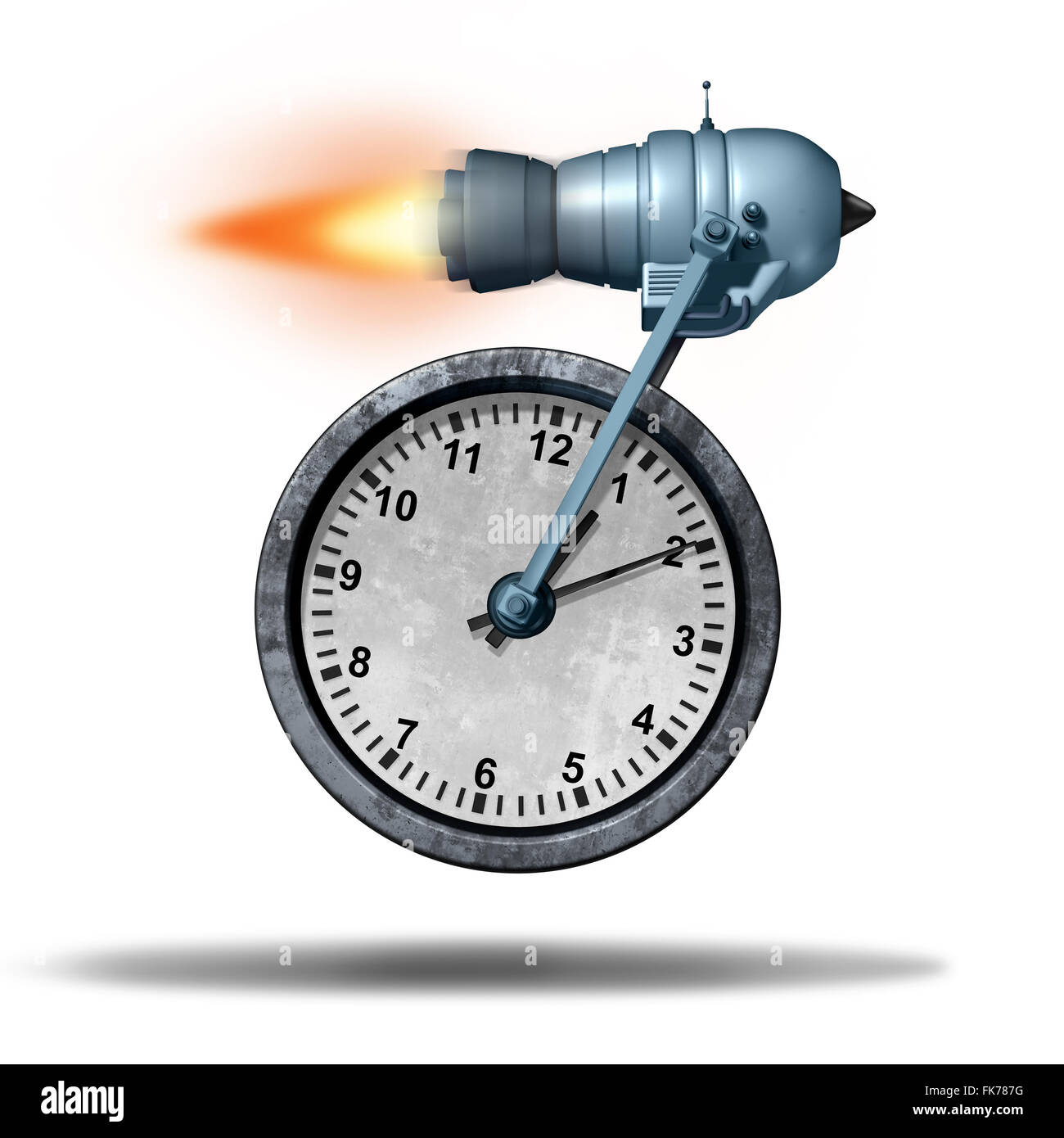 Fast time business deadline concept as a clock being transported by a rocket engine as a speed metaphor for increased faster service or accelerated productivity. Stock Photo