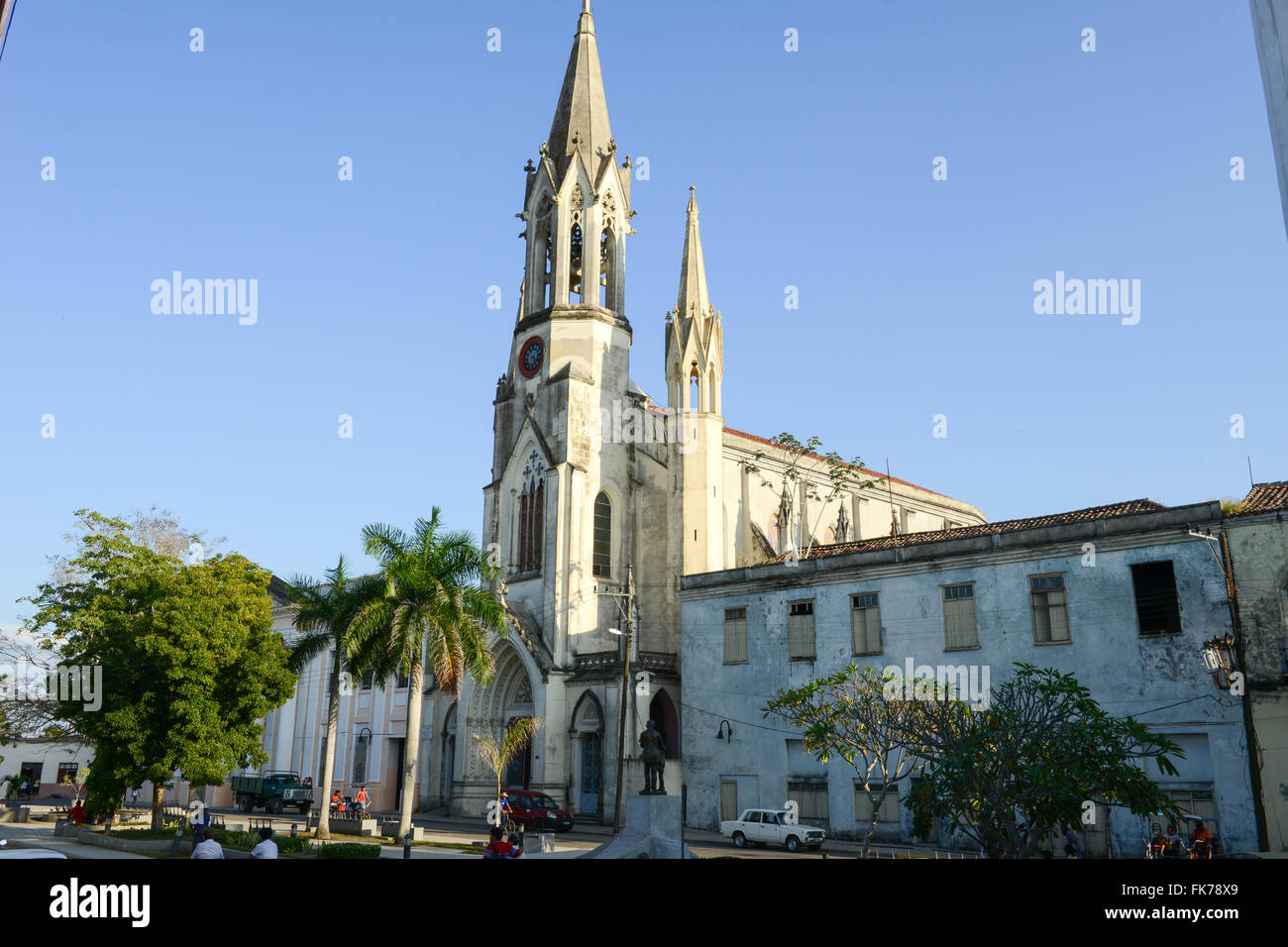 Camaguey, Cuba - 11 January 2016: Sacred Heart of Jesus Cathedral at Marti park in the evening at Camaguey, Cuba Stock Photo