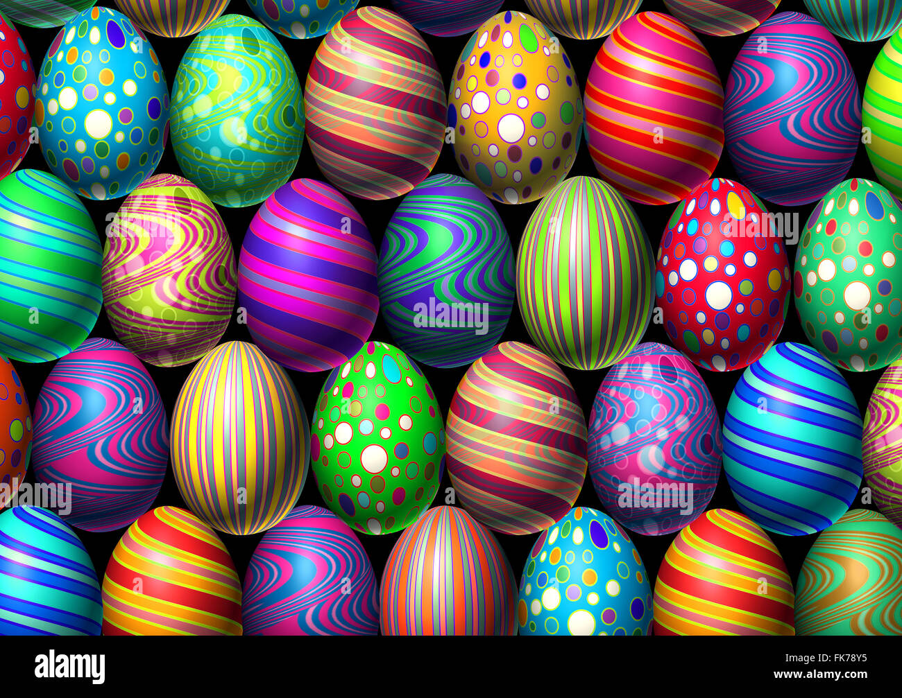 Easter egg background holiday eggs decoration with multi colored festive spring ovals in a celebration of traditional cultural easter egg hunt. Stock Photo