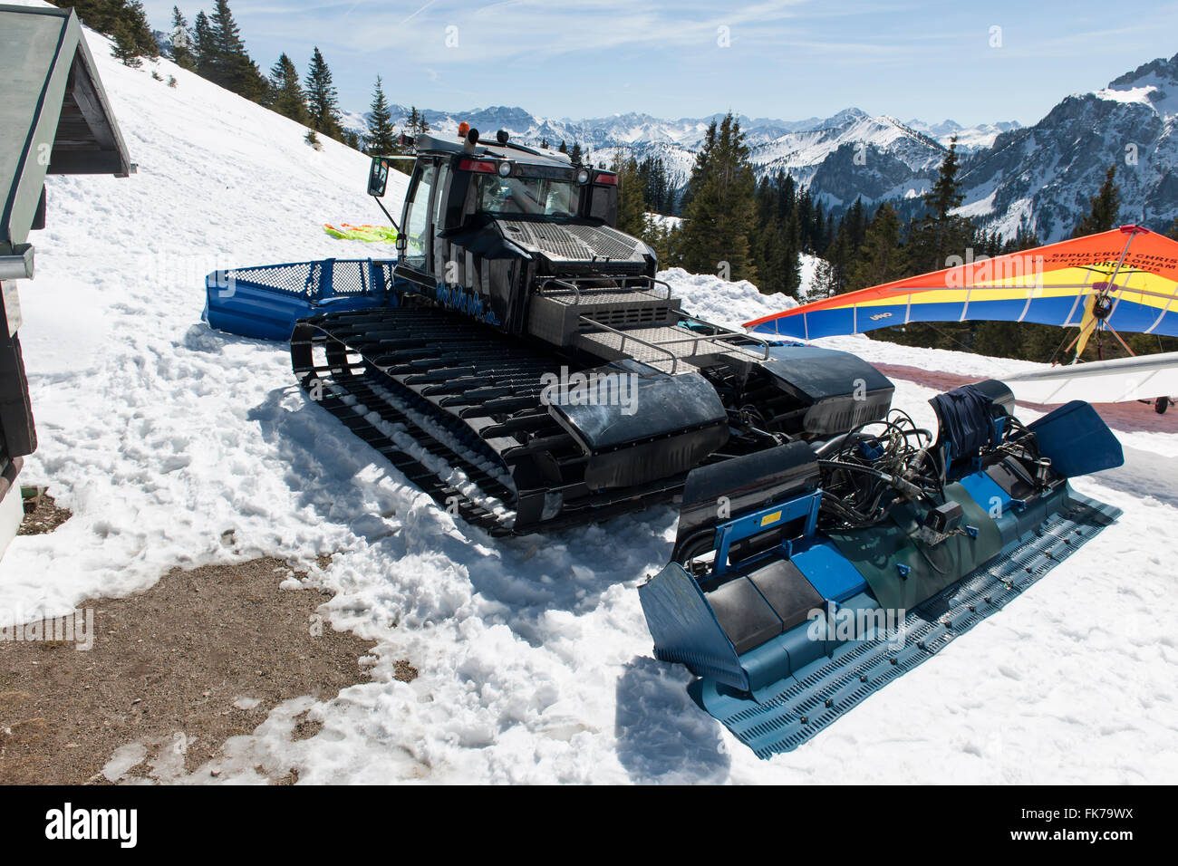 Füssen, Germany - April 9, 2015: PistenBully at the snow-covered take-off place for paragliders Stock Photo