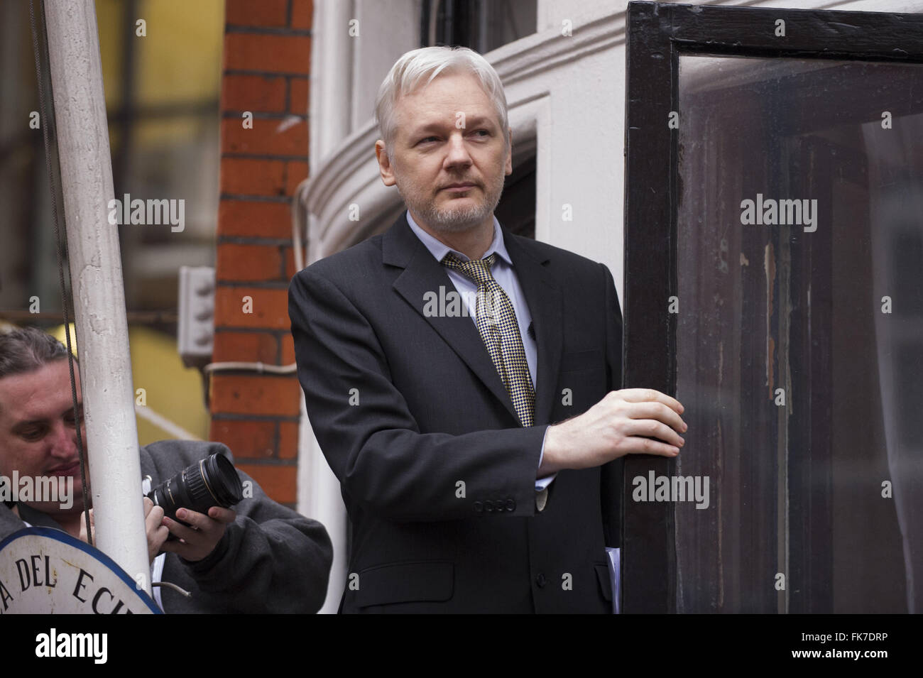 Julian Assange addresses the press at the Embassy of Ecuador in London